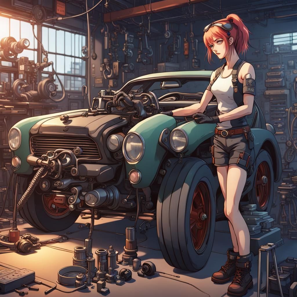 Anime Mechanic Working on Classic Car in Cyberpunk Style