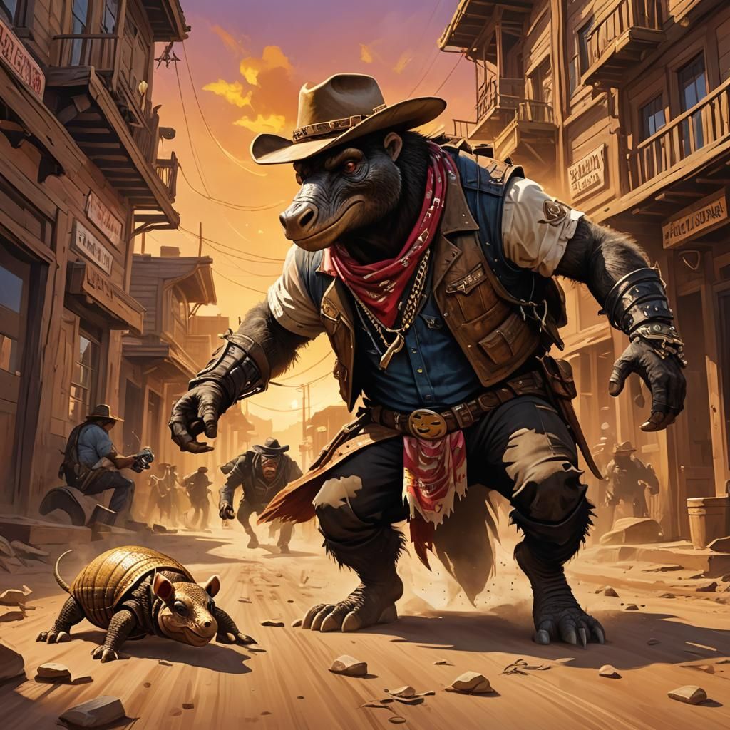 Armadillo Cowboy and Gorilla Gangster in Western Town
