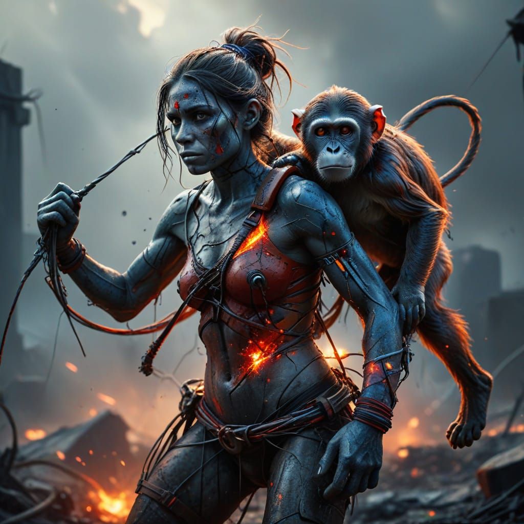 Fierce Abstract Woman with Monkey in Doomed Land