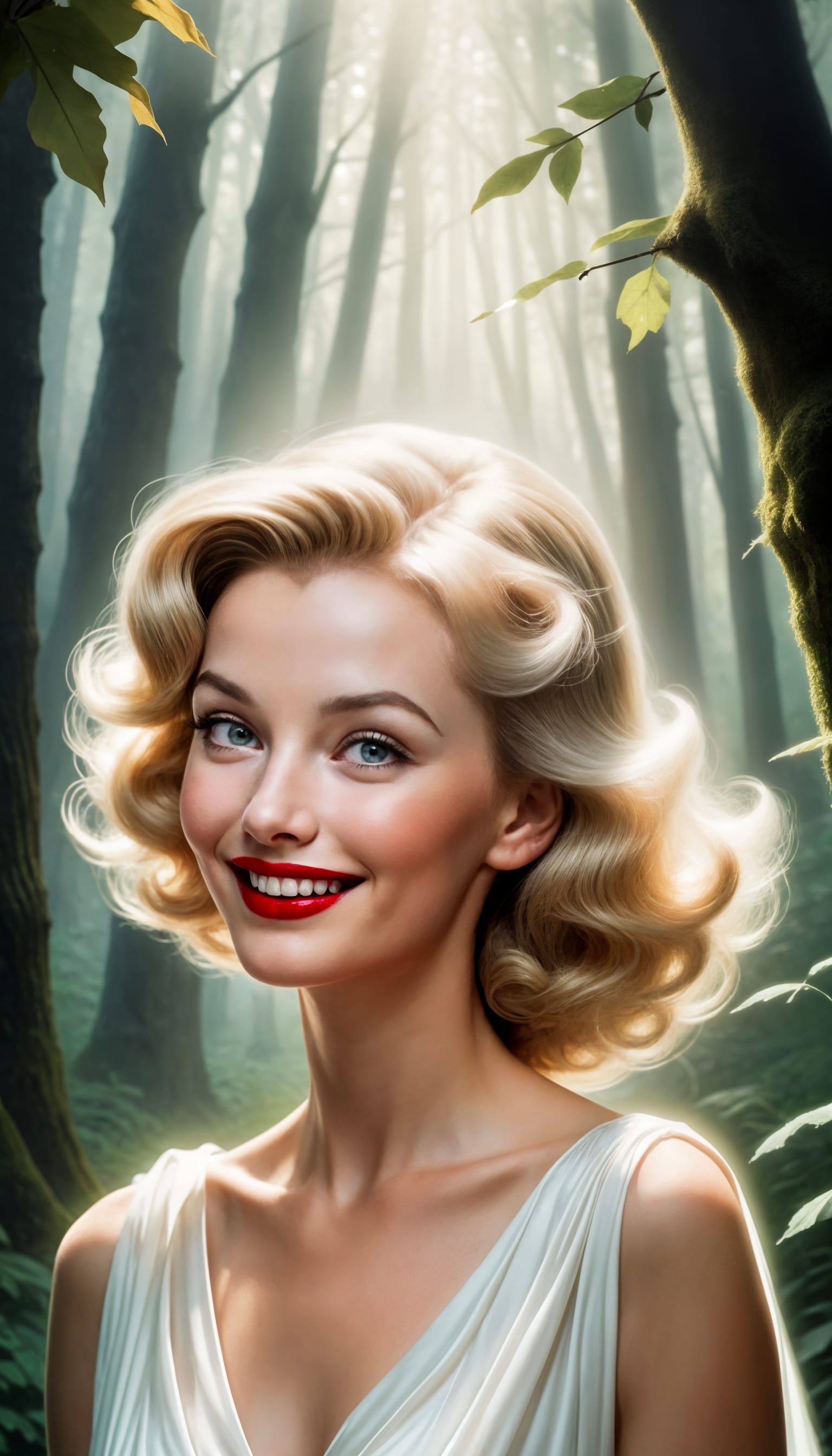 Smiling Woman in White Dress in Misty Forest