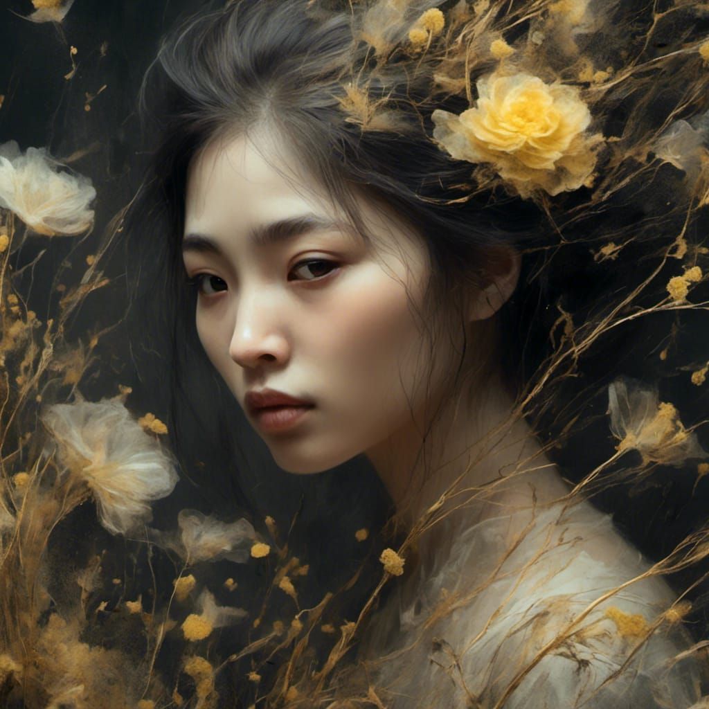 Ethereal Asian Woman with Floral Transparency