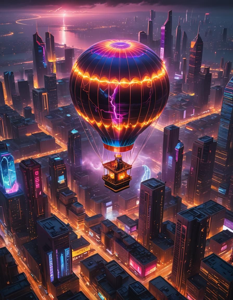 Neon Air Balloon over Cyberpunk Cityscape