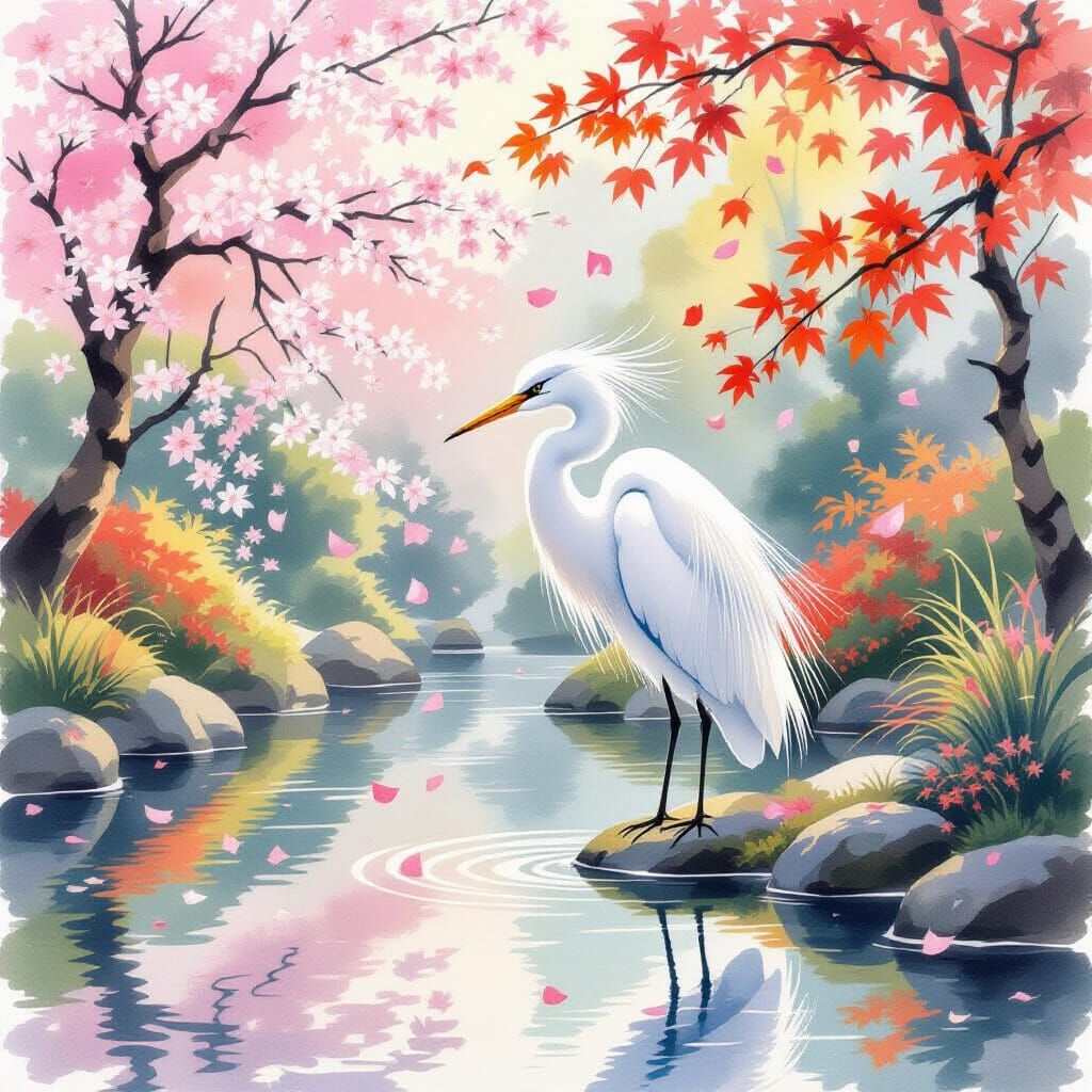 Egret in Japanese Garden Watercolor Painting