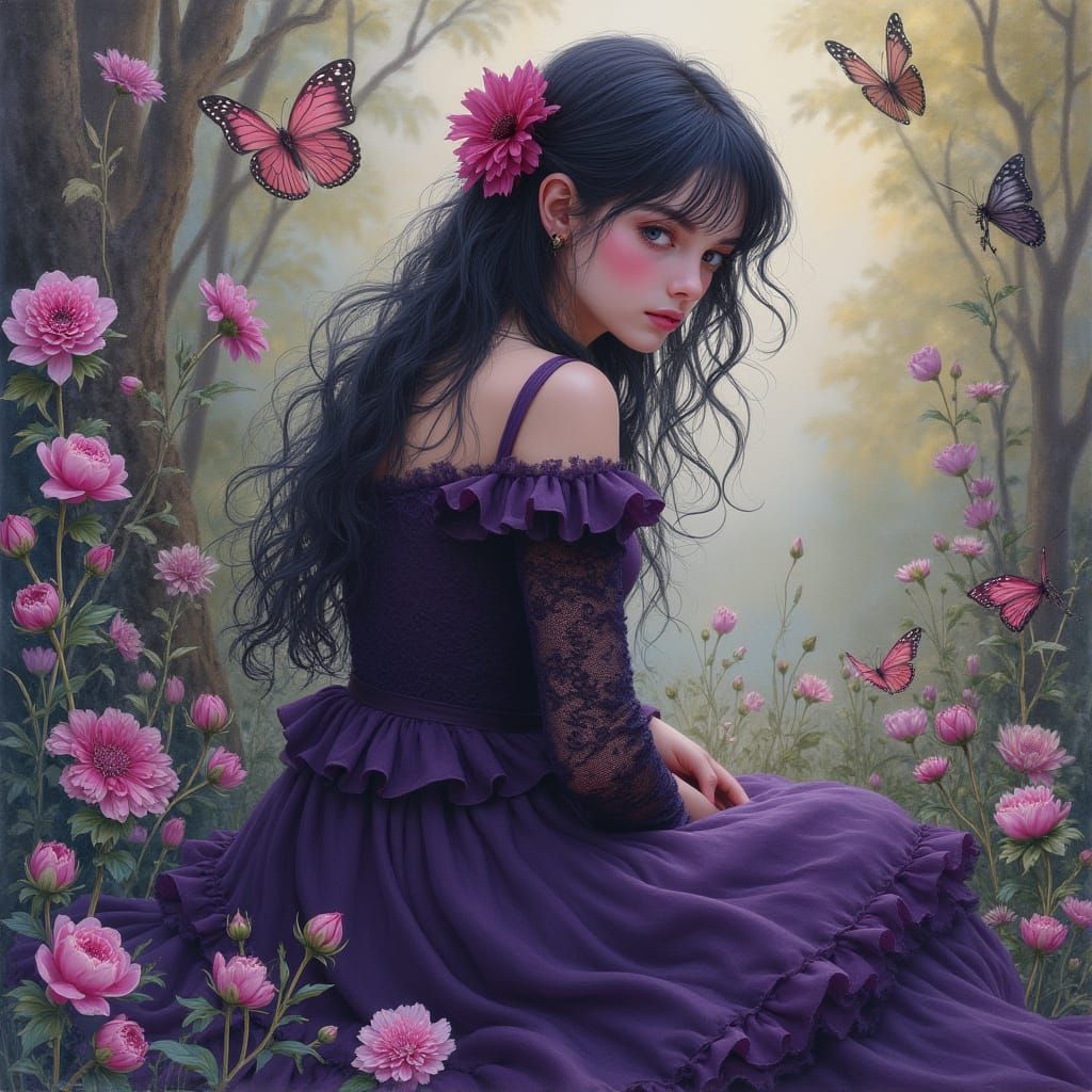 Romanticism. Luis Royo. A mysterious little sweet woman in a dark purple lace dress with ruffles. Ultrdetailed airbrushe...