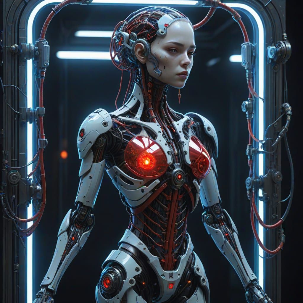 Biomechanical Girl Confronts Her Natural Reflection