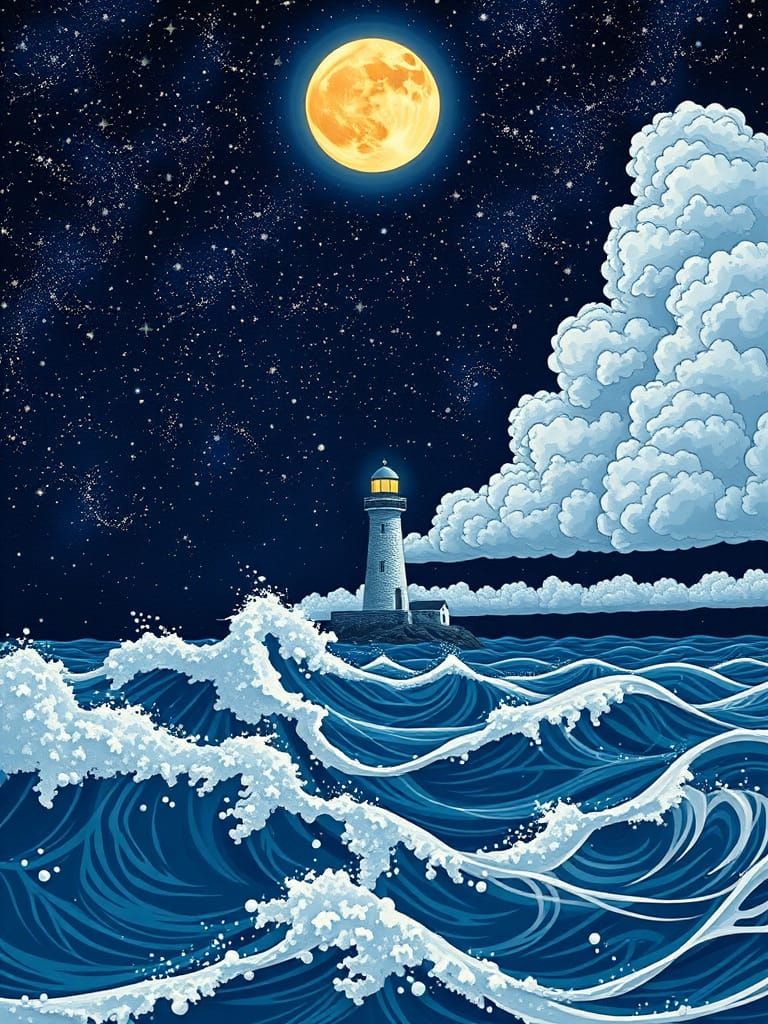 Lighthouse Under Glowing Moon and Starry Sky