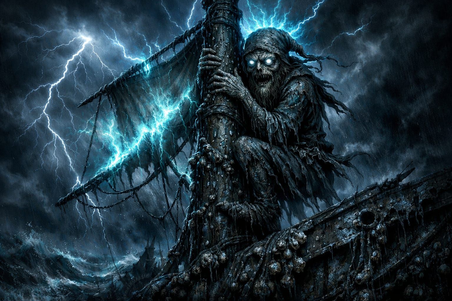 Spectral Mariner on Mast in Surreal Storm