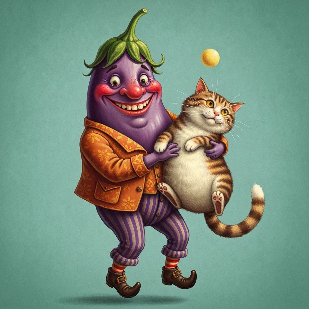 Anthropomorphic Eggplant Character Holding Giant Cat in Spac...