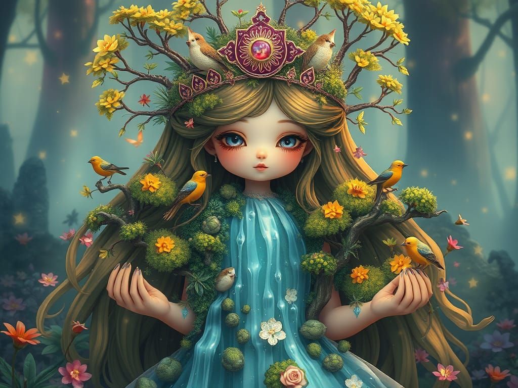 Surreal Princess in a Whimsical Forest with Shimmering Creat...