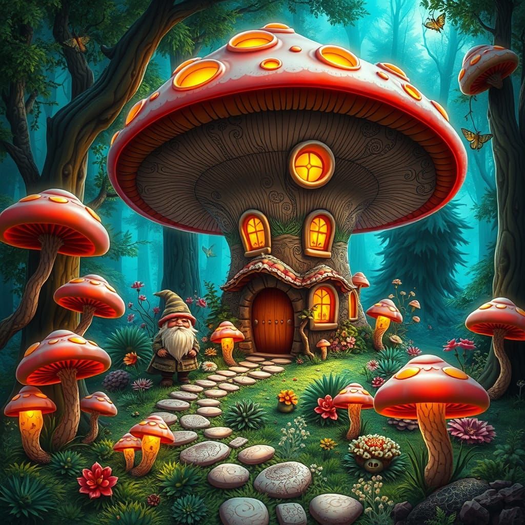 Whimsical Mushroom Village in Abstract Vector Fractal Style