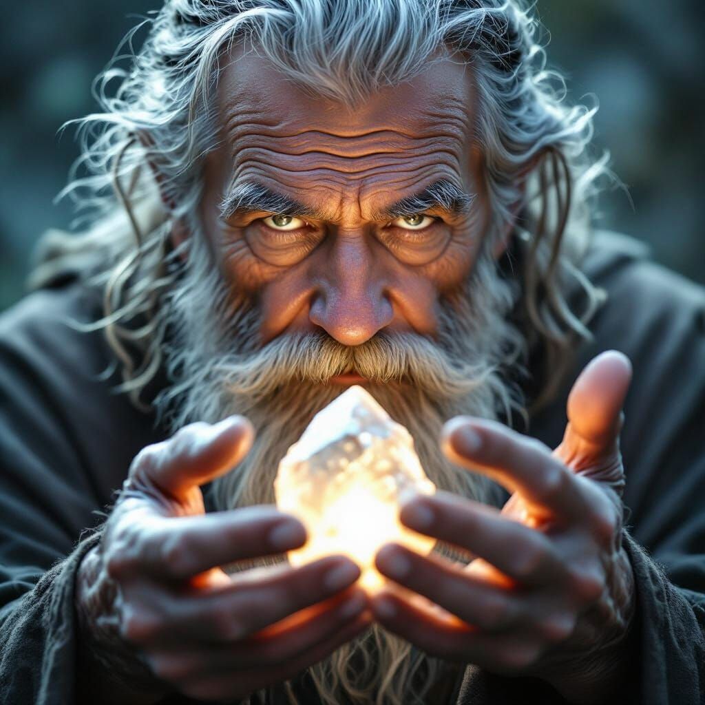 Aging Wizard's Hands Hold Glowing Crystal