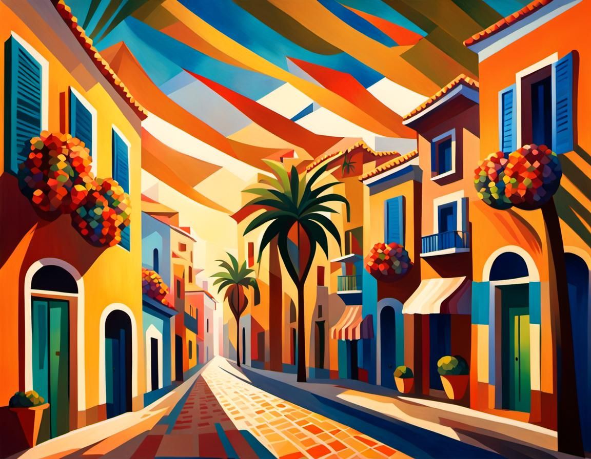 Mediterranean Village in Cubist Style with Palm Trees