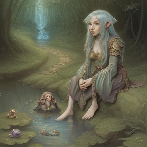 Gelfling and Fizzgig by a Stream in Dark Fantasy