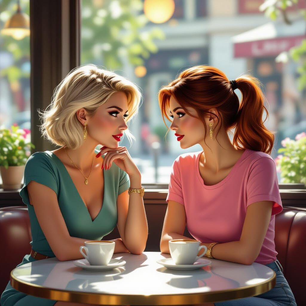 Glamorous Women Gossiping in Chic Cafe