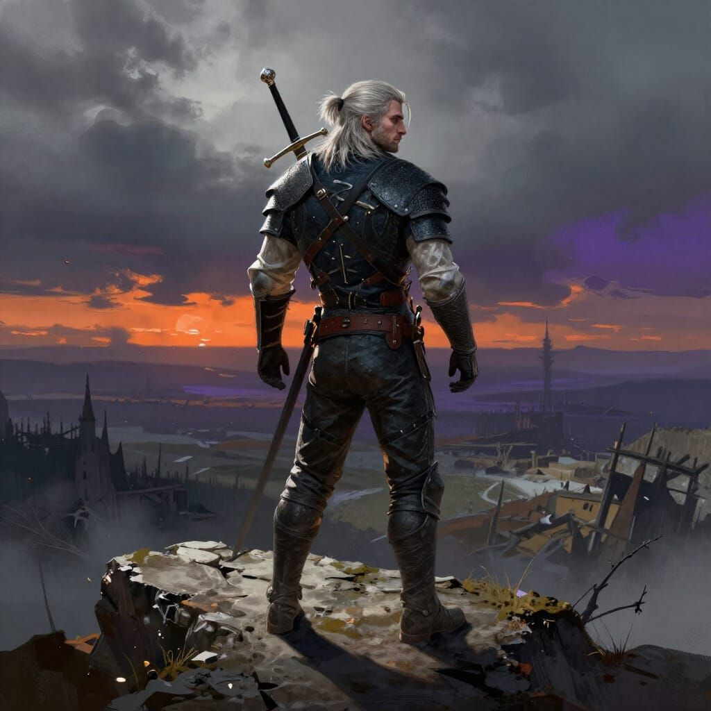Geralt of Rivia in War-Torn Landscape Digital Painting