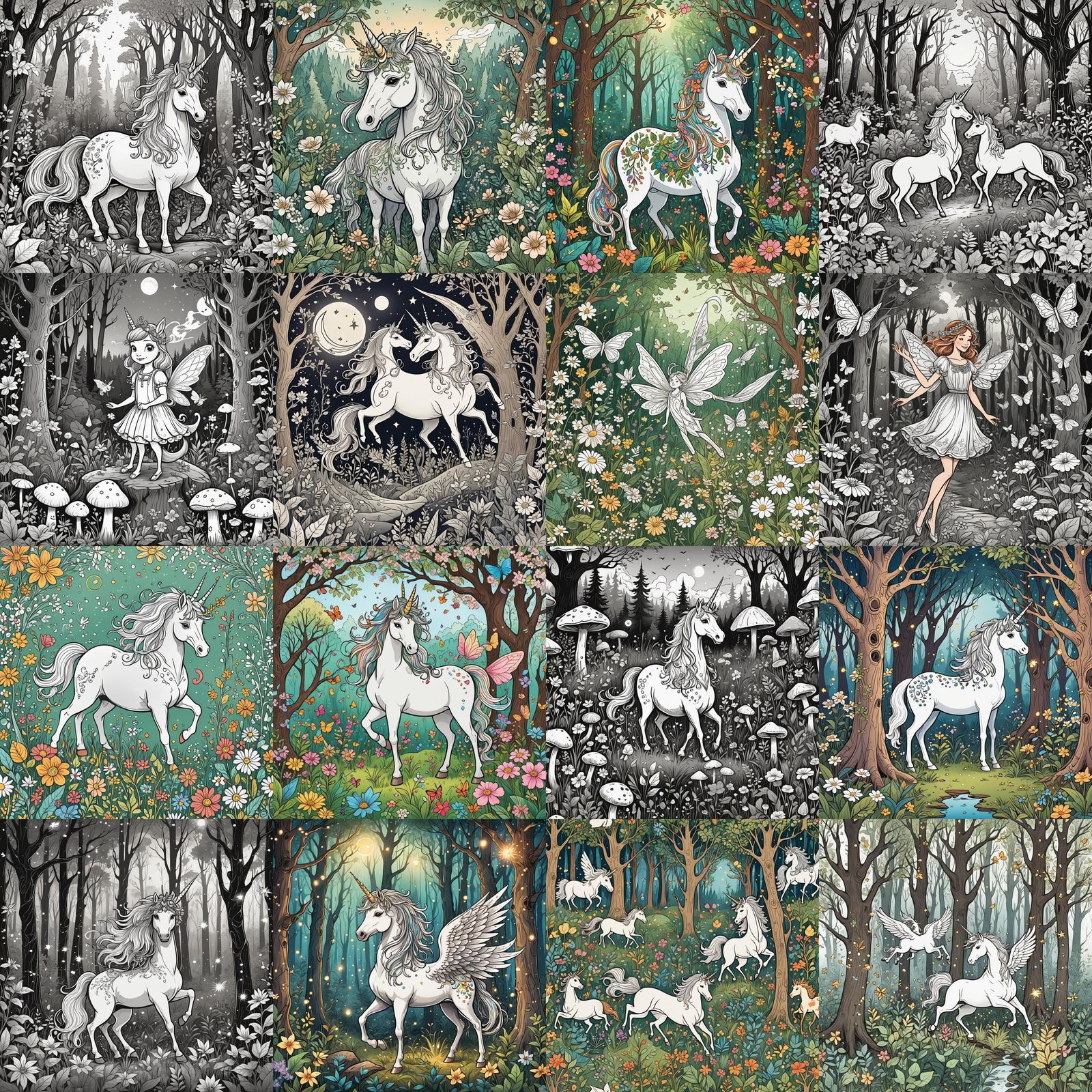 Enchanted Forest Animals and Mythical Creatures Line Art