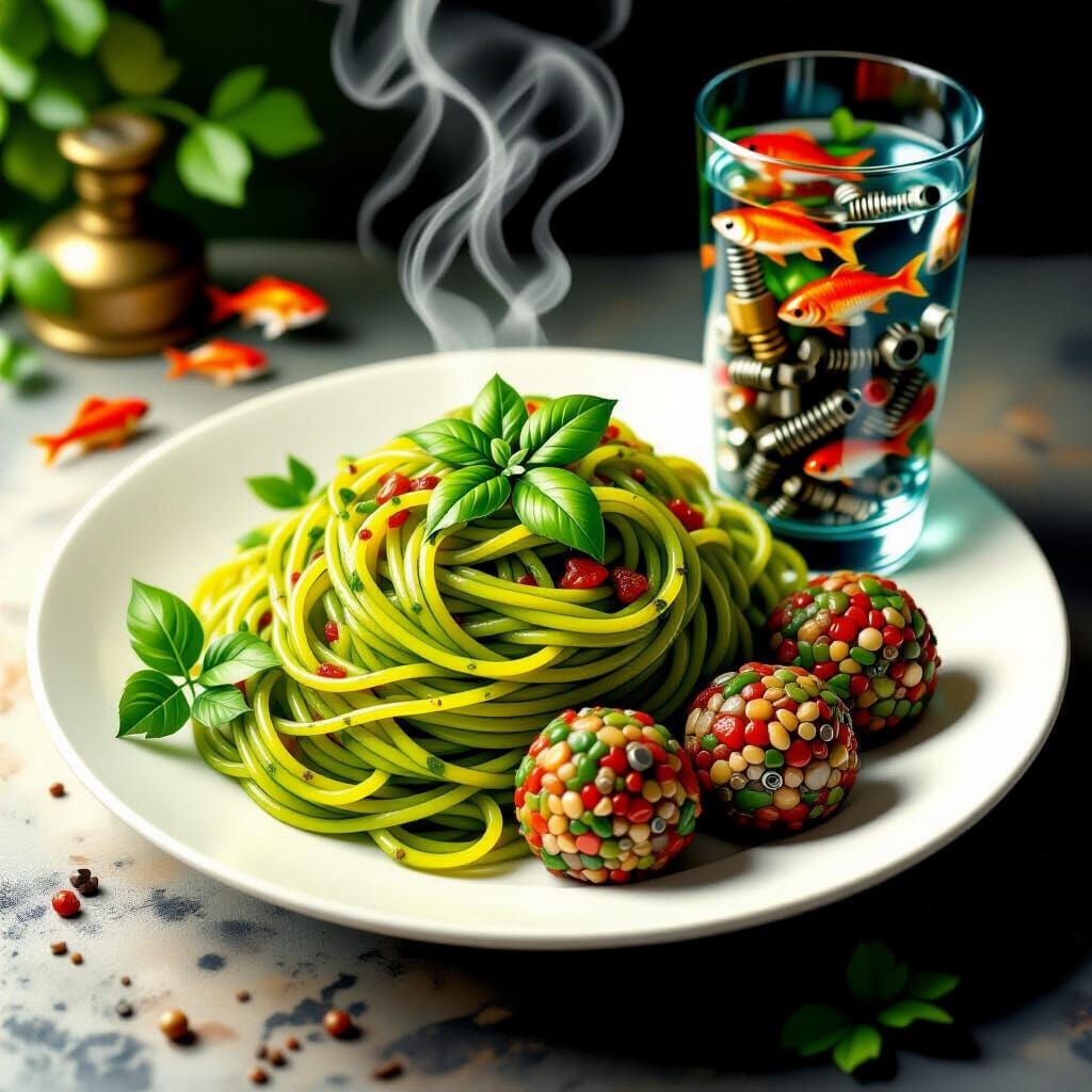 Surreal Vine Pasta with Fish, in Matte Painting Style