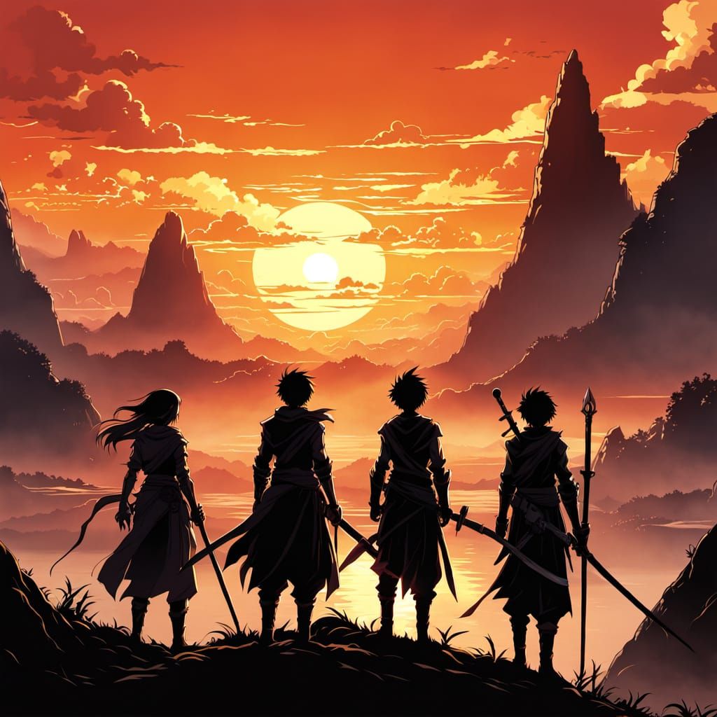 Anime Adventurers Silhouetted at Sunset in Splash Art Style