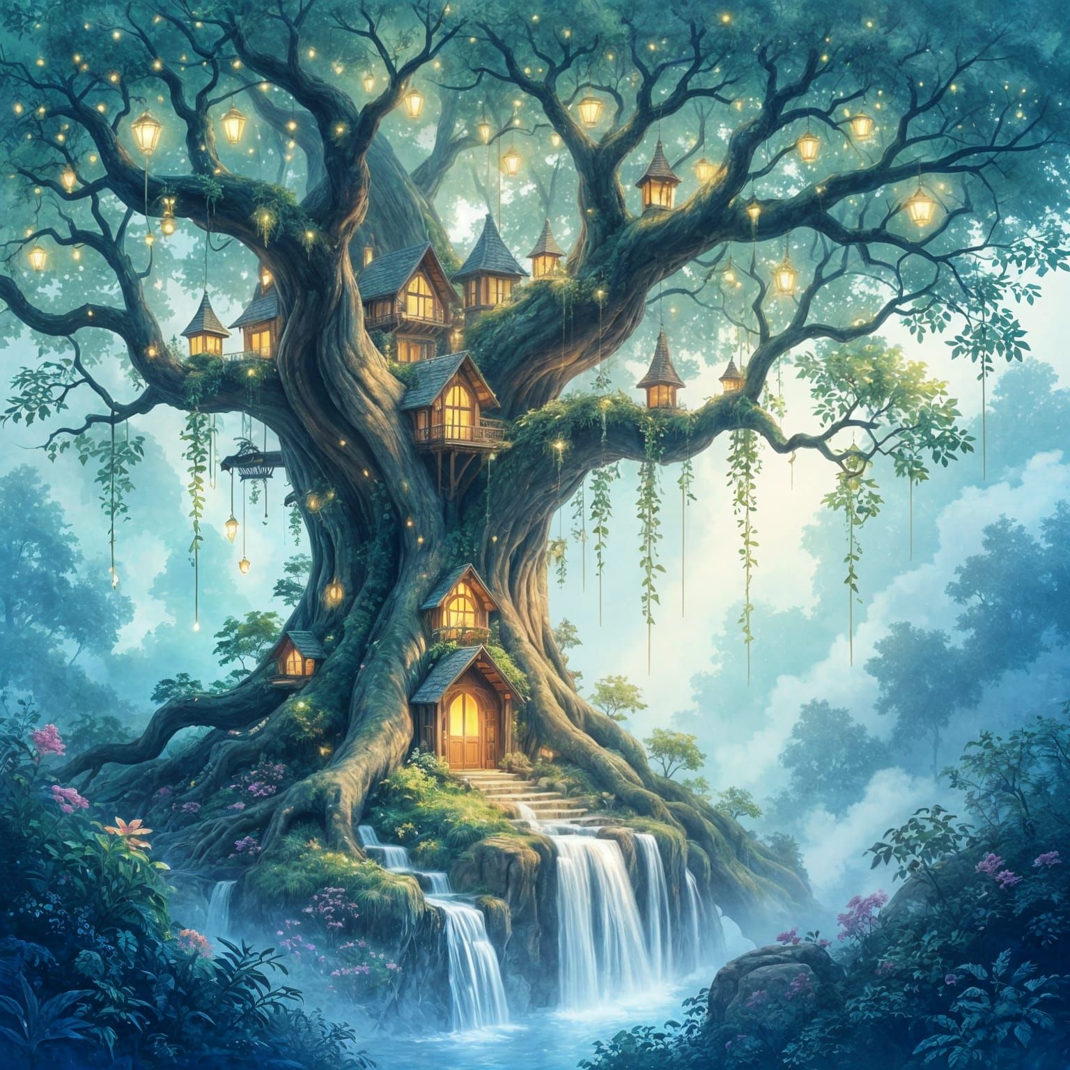 Enchanted Fairy Village in Ancient Tree, Watercolor Style