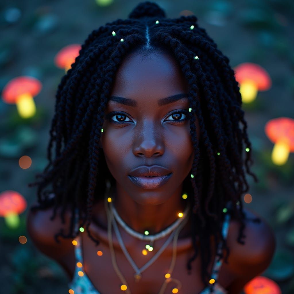 Afrofantasy Woman with Bioluminescent Dreads and Mushroom Cu...