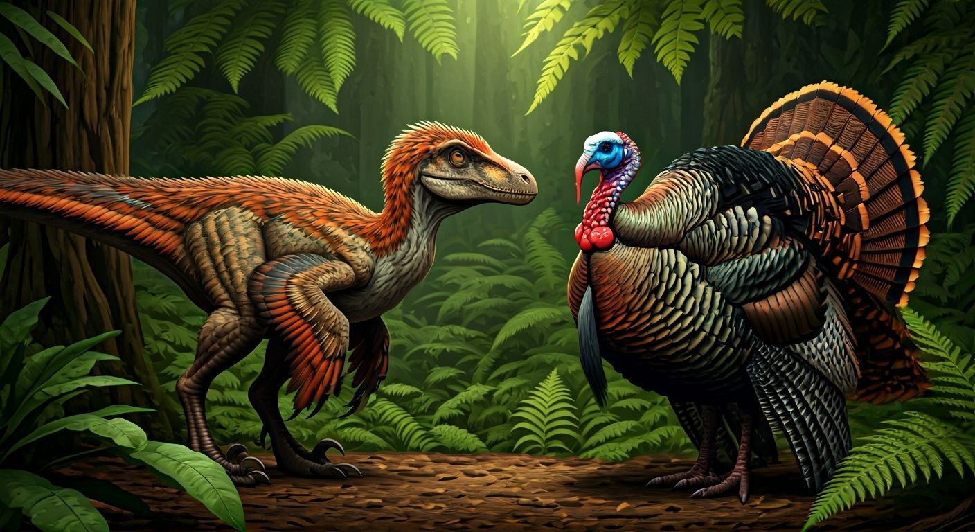 Velociraptor and Turkey Meet in Detailed Forest Illustration