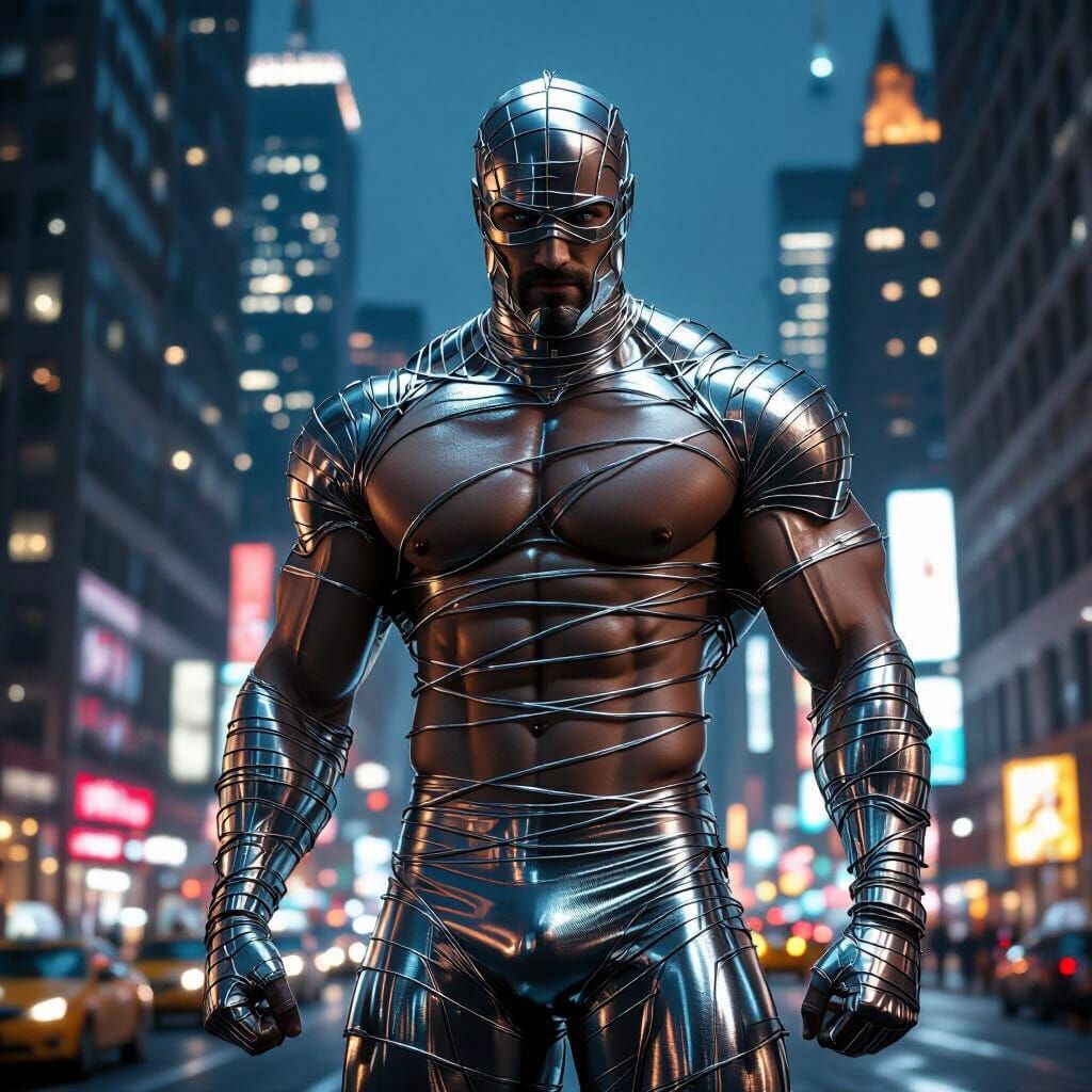 Heroic Nordic Man in Cyberpunk Wire Outfit