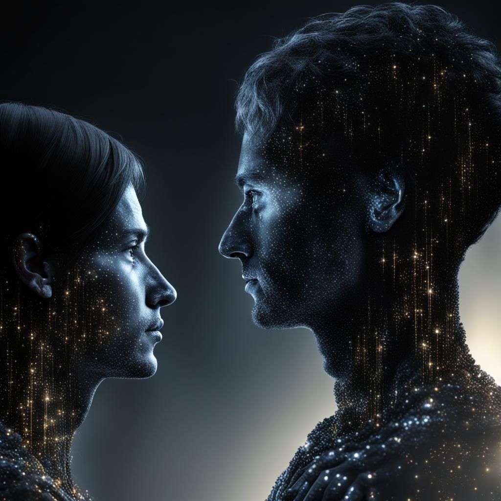 Silhouette and Light Figures Face Each Other