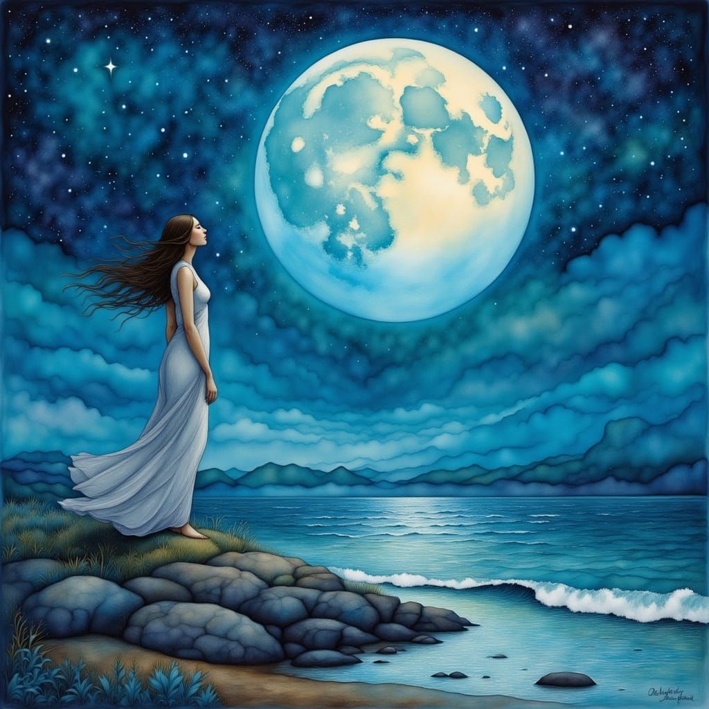 Woman Gazing at Moon in Alphonse Mucha Style