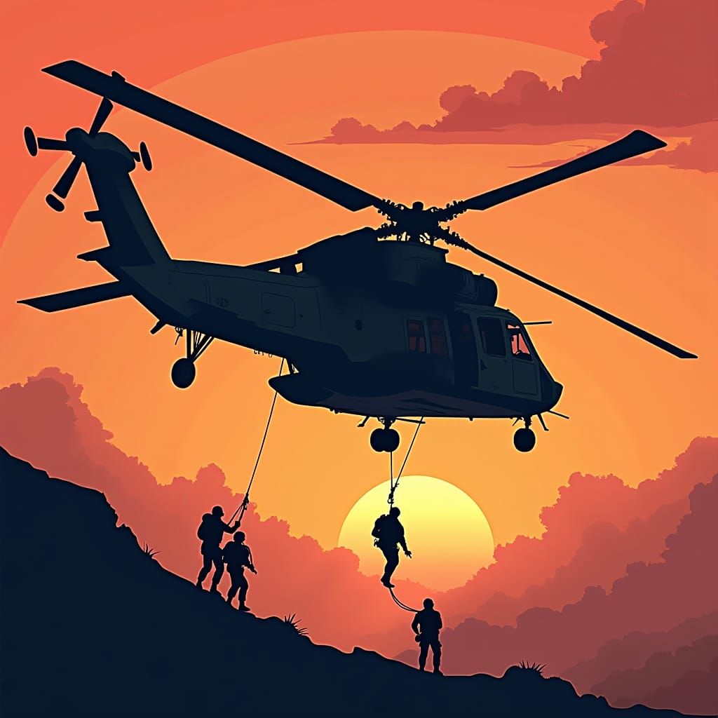 NH90 Helicopter with Soldiers in Silhouette Illustration