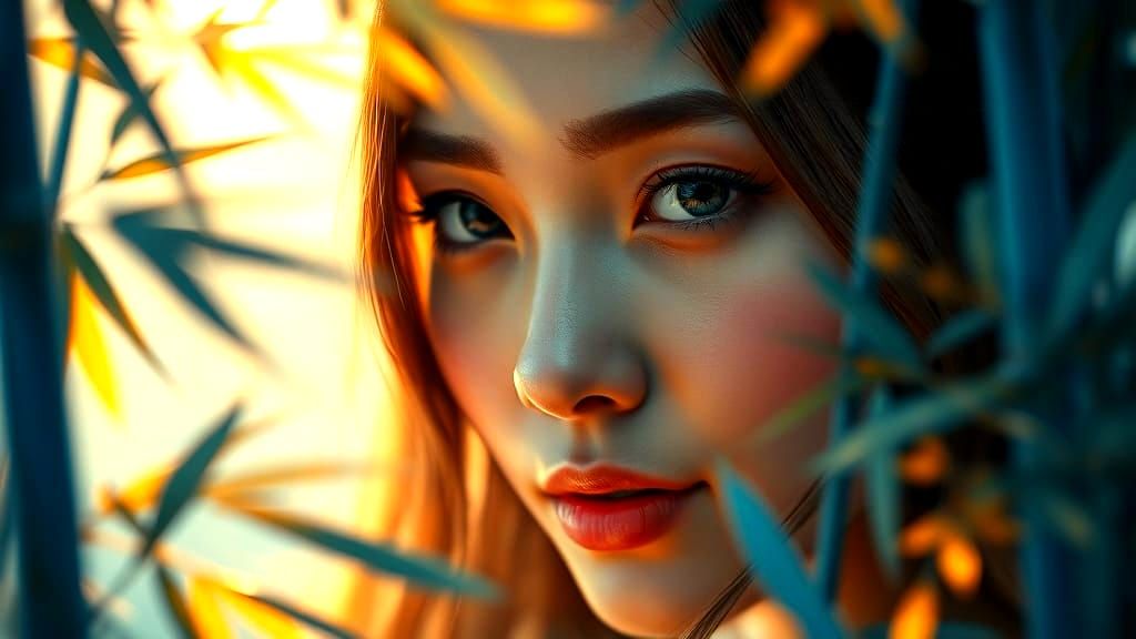 Woman's Portrait Obscured by Blue Foliage in Digital Art