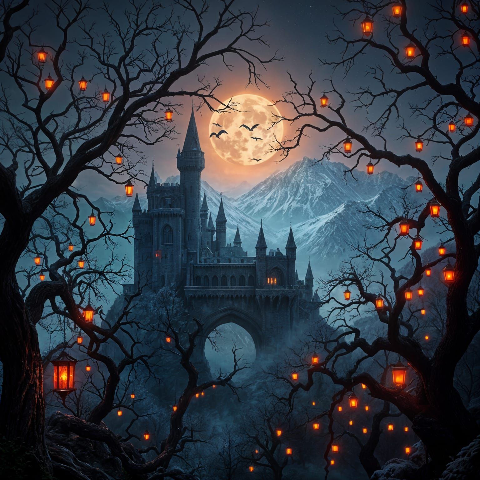 Ethereal Sunset in a Dark Enchanted Forest with a Flickering...