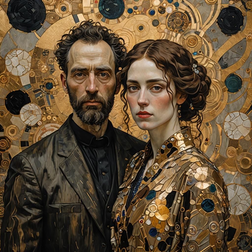 Klimt Style Self-Portrait in War-Torn Landscape