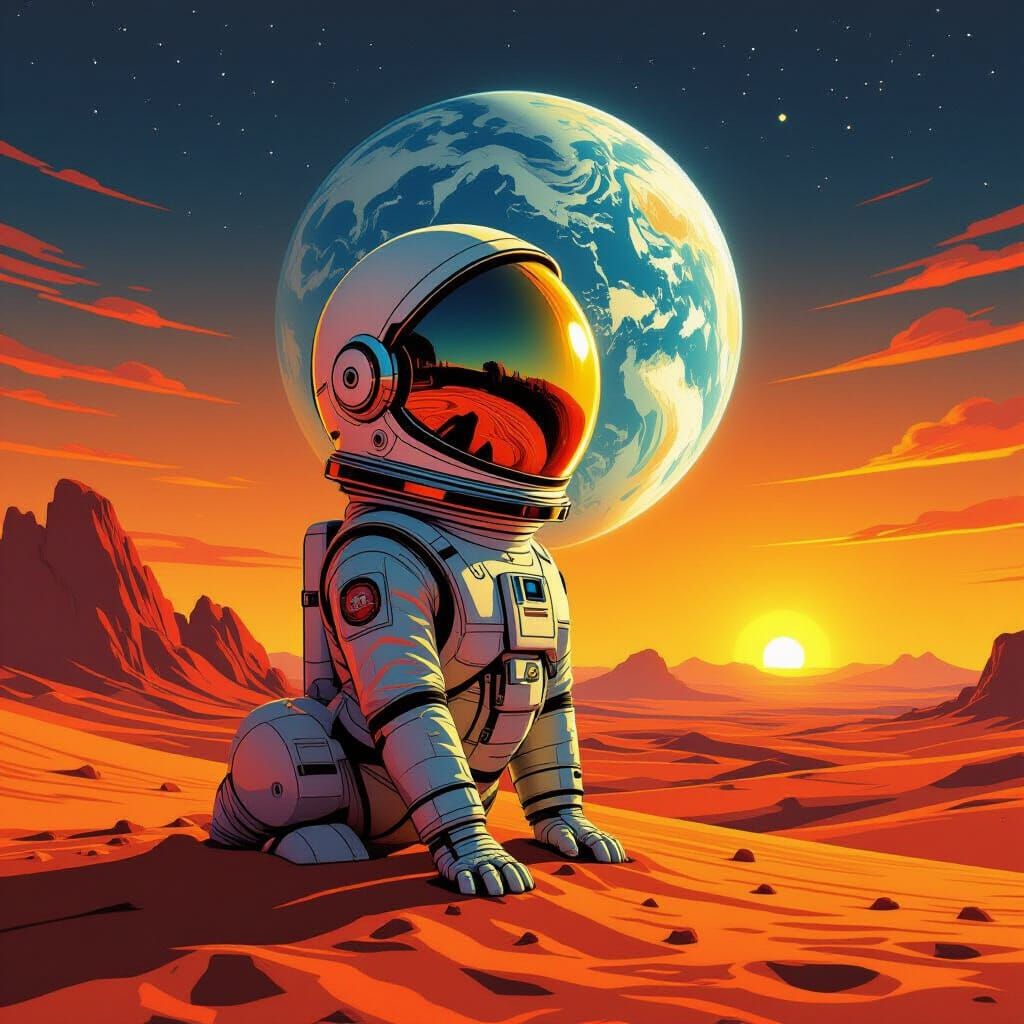 Sphinx on Mars with Astronaut Helmet in Retrofuturist Style