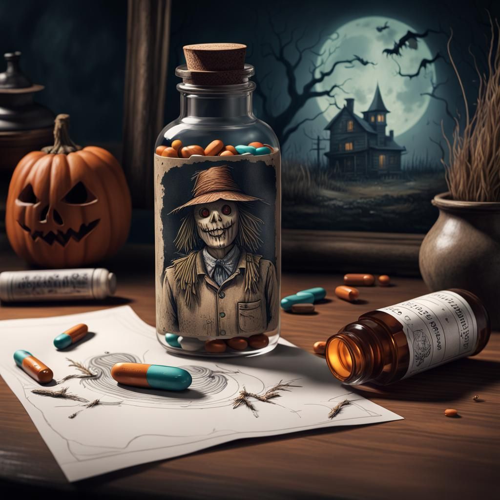 Spooky Scarecrow and Pills: Detailed Matte Painting