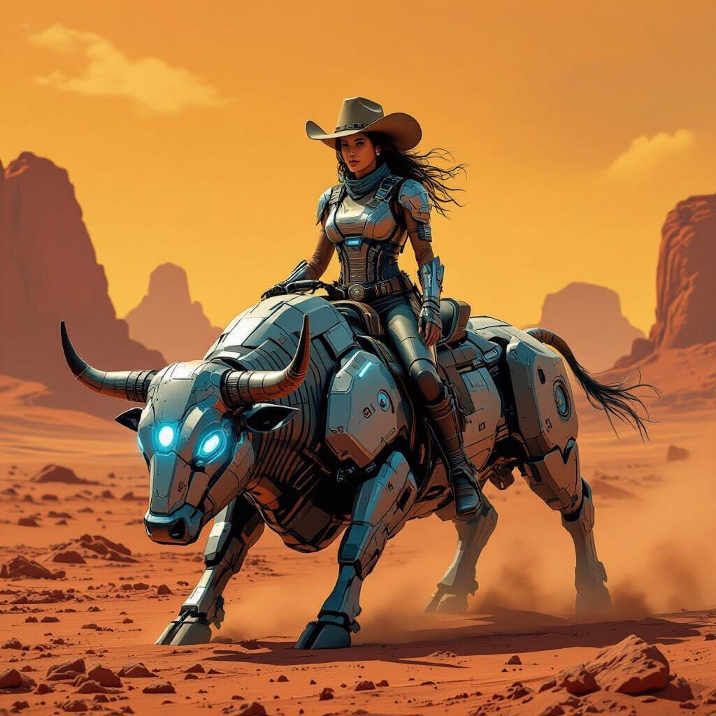 Futuristic Cowgirl Rides Robotic Bull on Mars