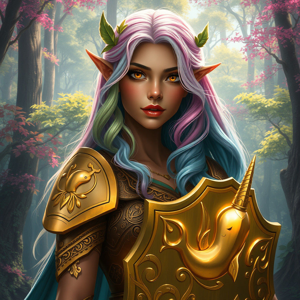 Radiant Elf Priestess in Lush Forest, Digital Art