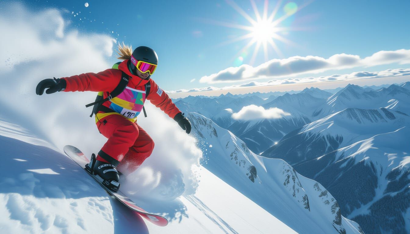 Snowboarder Soaring Above Mountains in Hyperrealistic HDR Sc...