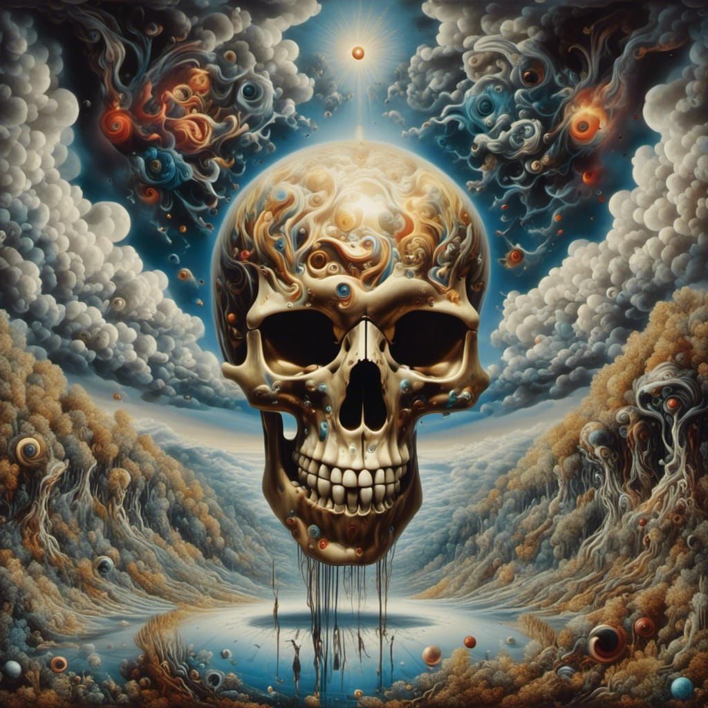 Surreal Skull Vortex in Metallic Rorschach Sky