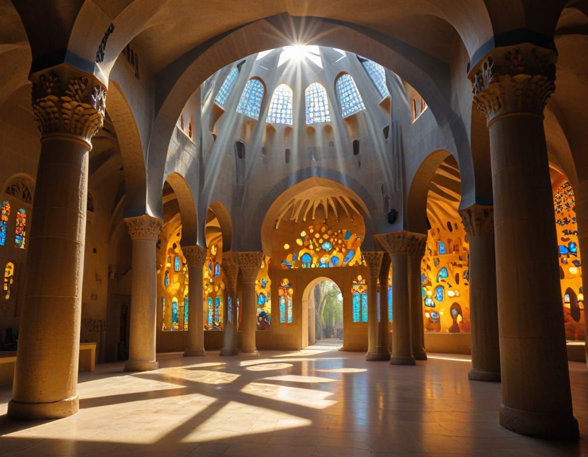 Egyptian Art and Gaudi Architecture with Crepuscular Rays