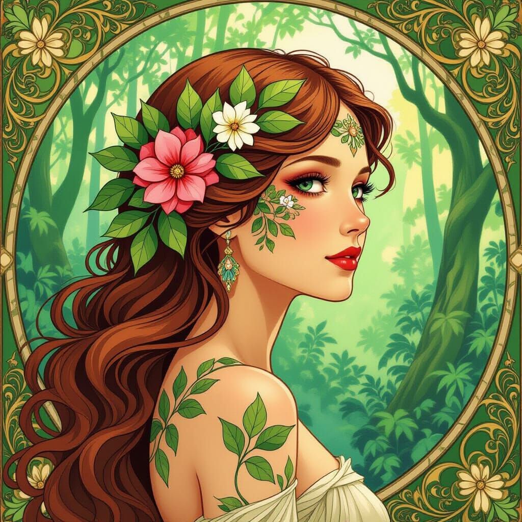 Floral Woman: An Art Nouveau Portrait