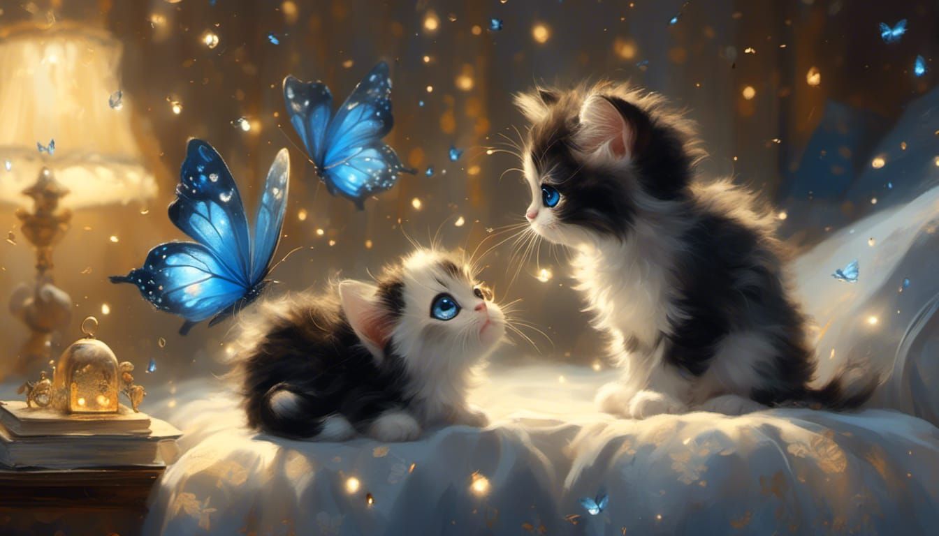 <lora:lightofdawn:1.0> chibi adorable cute black & white kitten trying to catch a butterfly looking directly at the fir...