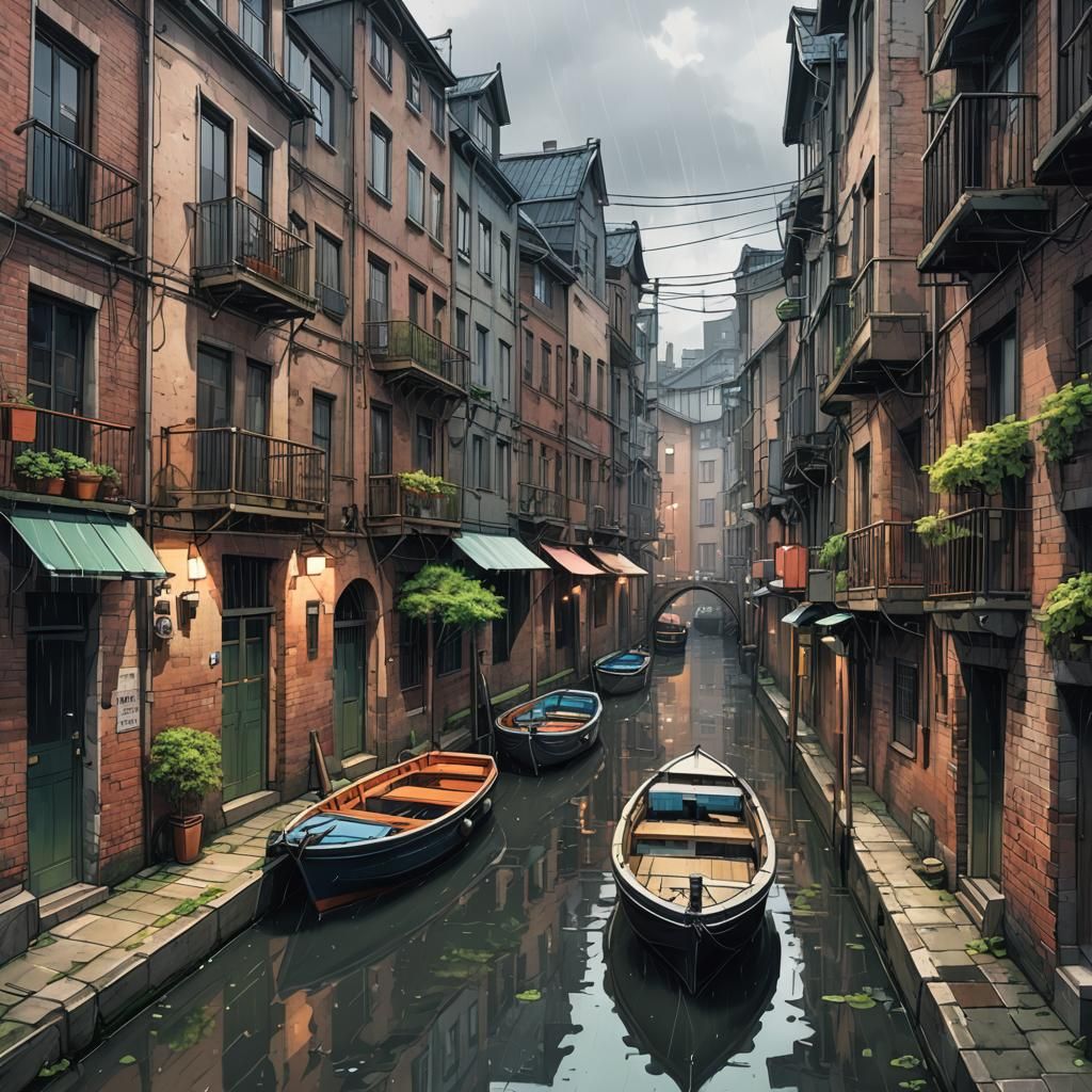 Rainy Canal Townhouses in Anime Style