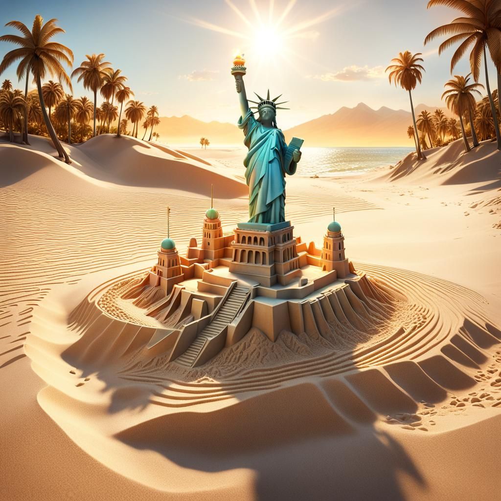 Sand Statue of Liberty: Hyperrealistic Digital Painting