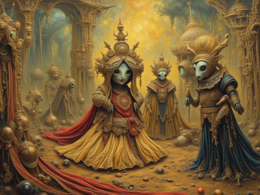 Aliens in Baroque Attire in an Alien Landscape