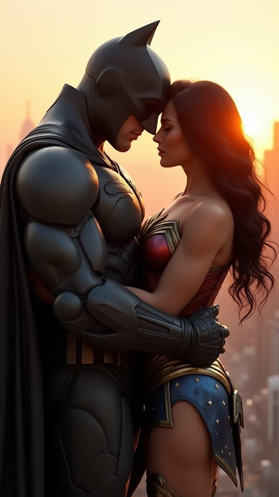 Batman and Wonder Woman in a Romantic Embrace, Gotham City S...
