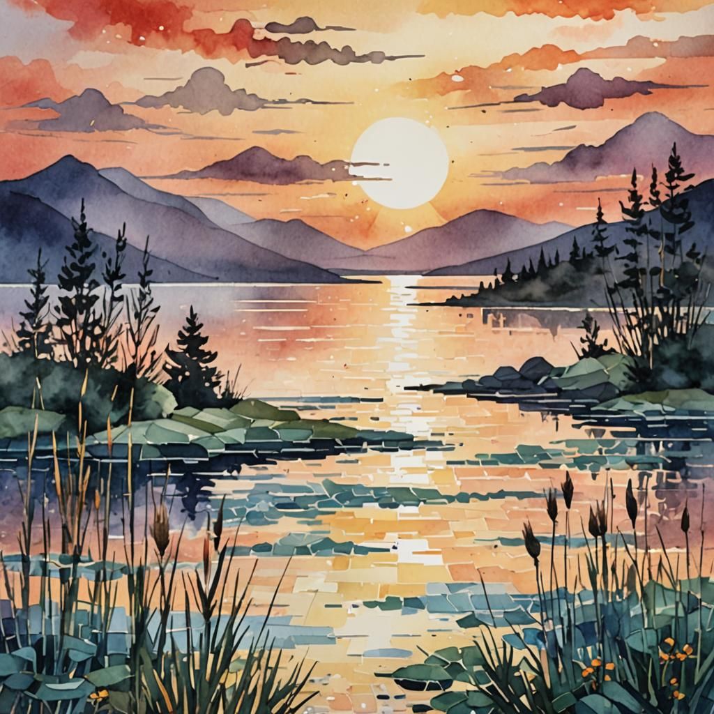 Lakeside Sunrise in Mosaic Watercolor Style