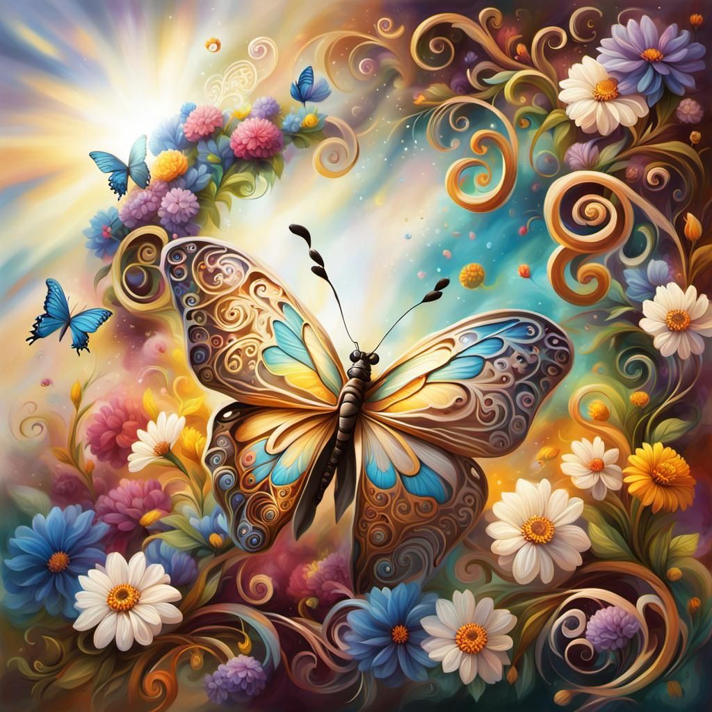 Boho Butterfly Oil Painting with Filigree Details