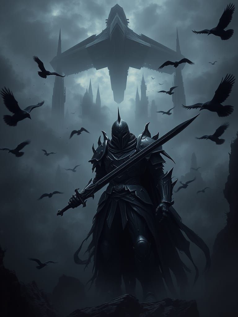 Gothic Robot Stands Amidst Dark Nightscape with Flying Raven...
