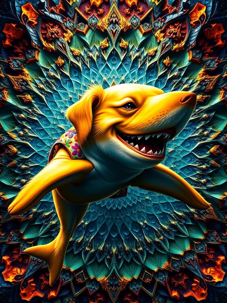 Kaleidoscopic Quilt of Sharks and Retrievers