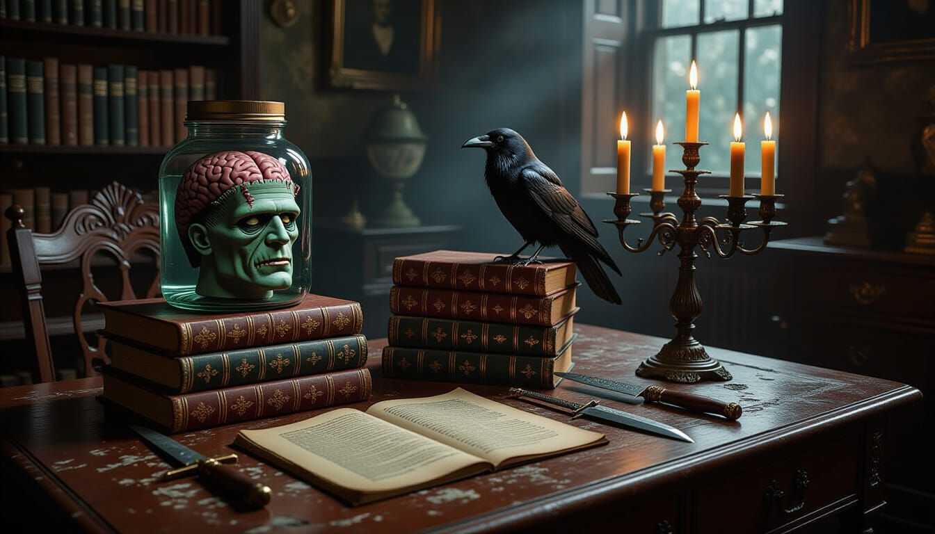 Macabre Horror Paraphernalia on Victorian Table